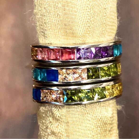 JEN HANSEN STERLING SILVER CUBIC ZIRCONIA RAINBO CHANEL RING MULTICOLOR RAINBOW - Picture 4 of 9